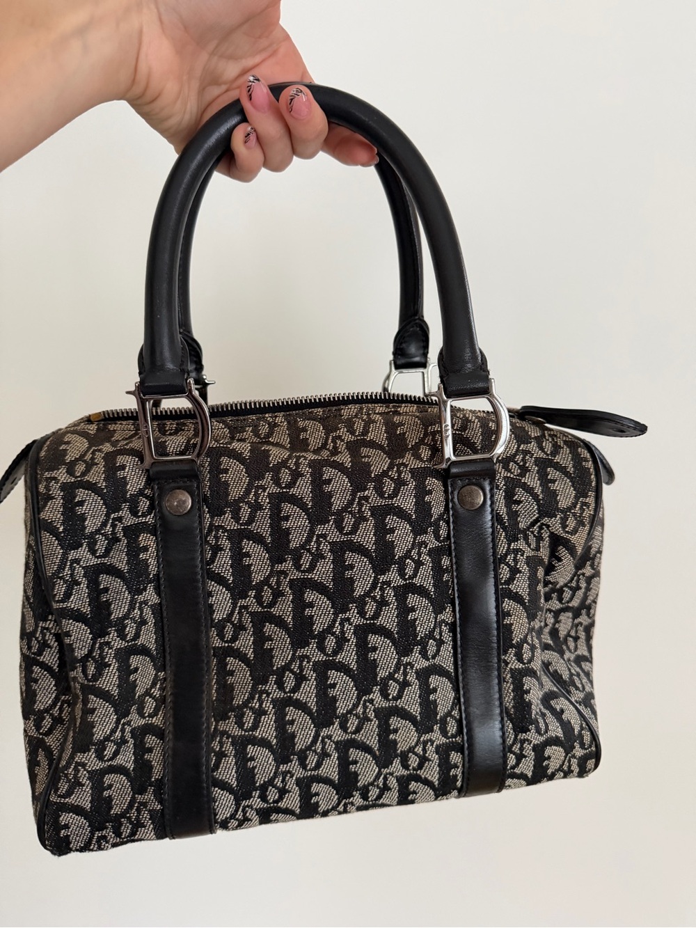 Authentic Vintage Dior Black and Gray Trotter Canvas Handbag